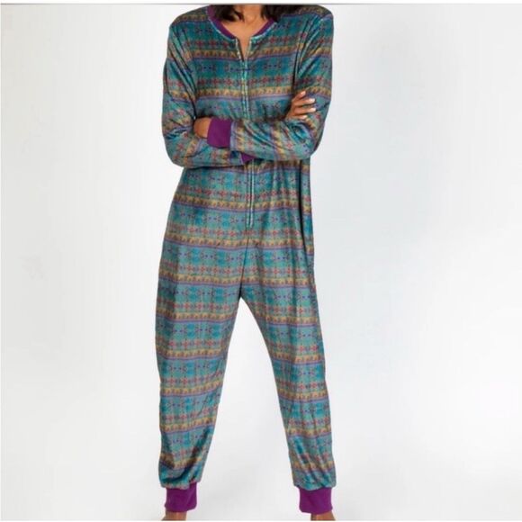 New Natural Life One Piece Pajamas L/XL Floral Boho Plush Fleece Jumpsuit Zip - Picture 2 of 15